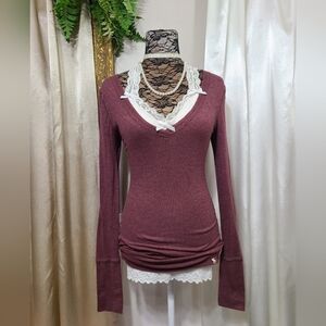 ♡ Y2K ♡ Abercrombie Burgundy Long Sleeve Babydoll V Neck